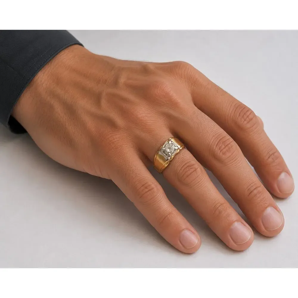 Men's Ring Sz 12.75 Brushed Gold Tone Clear Faux Stone Marked 18K HGE UNTESTED